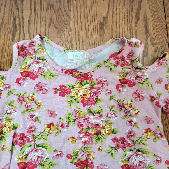 Btween Content Cold Shoulder Dress Girls Size 12 Pink Lace Up Sleeve Floral Soft - Picture 5 of 12